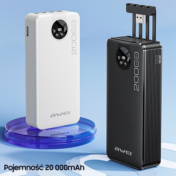 Powerbank AWEI P134K 20.000mAh czarny obok drugiej wersji kolorystycznej