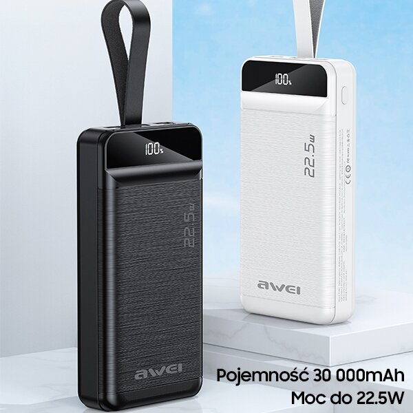 Powerbank AWEI P140K 30.000mAh widok na dwa powerbanki pod skosem w kolorze białym i czarnym 