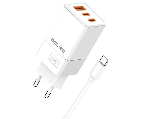 Ładowarka sieciowa Beline BLN3CW65C 65W biała + kabel USB-C widok na ładowarkę i kabel pod skosem