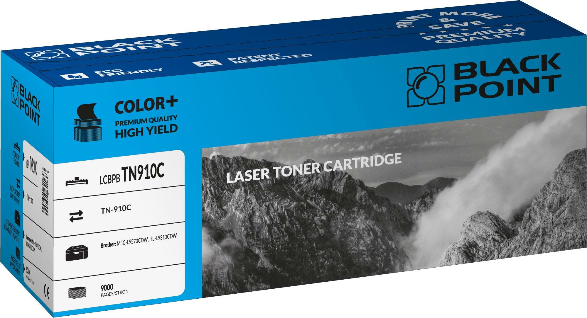 Toner laserowy Black Point LCBPBTN910C widok pod kątem na opakowanie