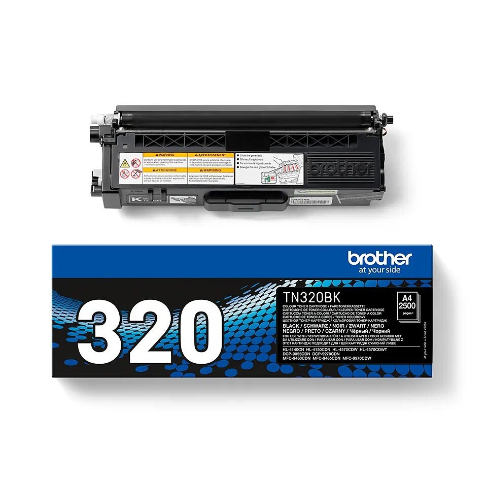 Toner Brother TN-320BK 2500 stron czarny od frontu obok pudełka