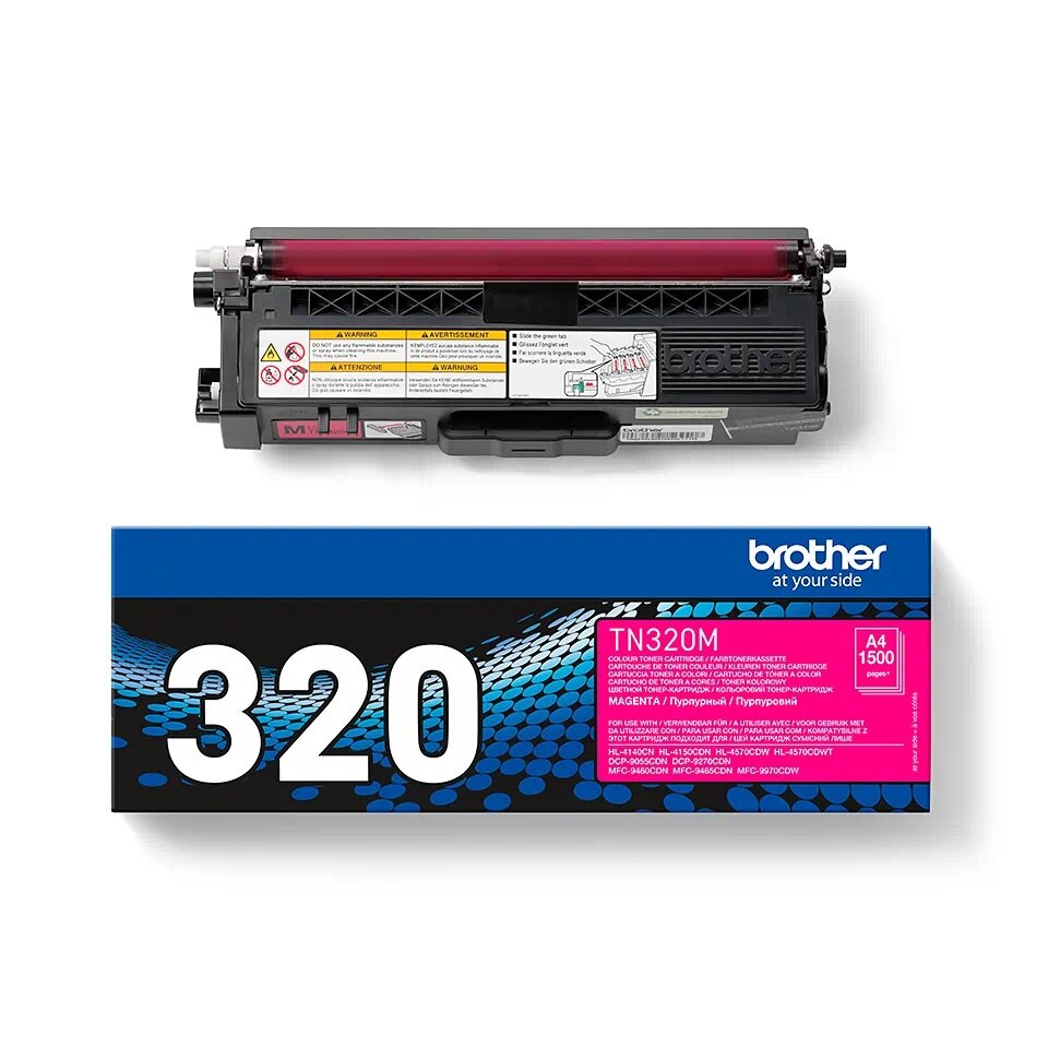 Toner Brother TN-320M 1500 stron magenta od frontu obok pudełka