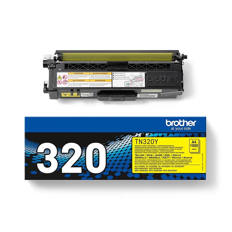 Toner Brother TN-320Y 1500 stron żółty od frontru obok pudełka