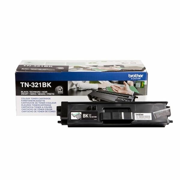 Toner Brother TN-321BK opakowanie w tle a z przodu toner całość lekko z boku