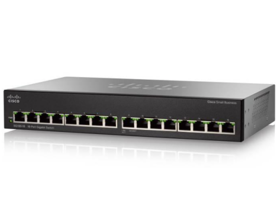 Switch Cisco SG110-16 16x1GbE widoczny pod skosem