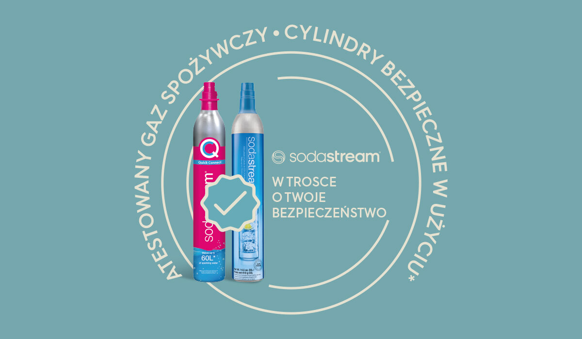 Cylinder SodaStream Quick Connect różowy grafika przedstawiająca kontrolę jakości