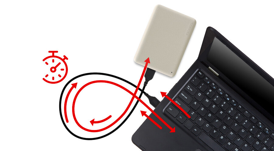 Dysk Toshiba Canvio Advance 2TB biały HDTCA20EW3AA laptop połączony z dyskiem kablem