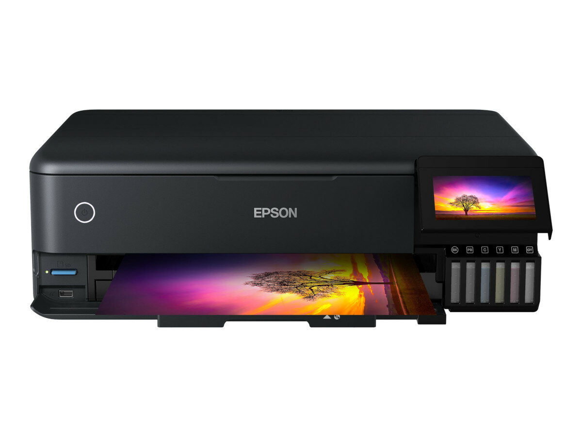 Urządzenie Wielofunkcyjne Epson EcoTank L8180 frontem i wydrukowane zdjęcie