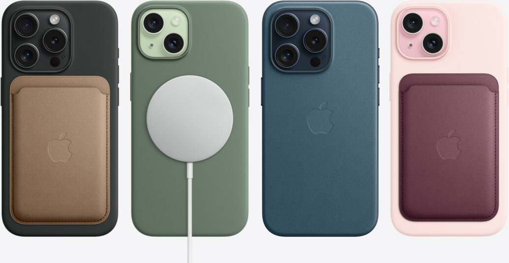 Etui Apple Silicone Case na iPhone 15 Pro Max MagSafe popielaty brąz różne etui pokazane na telefonach