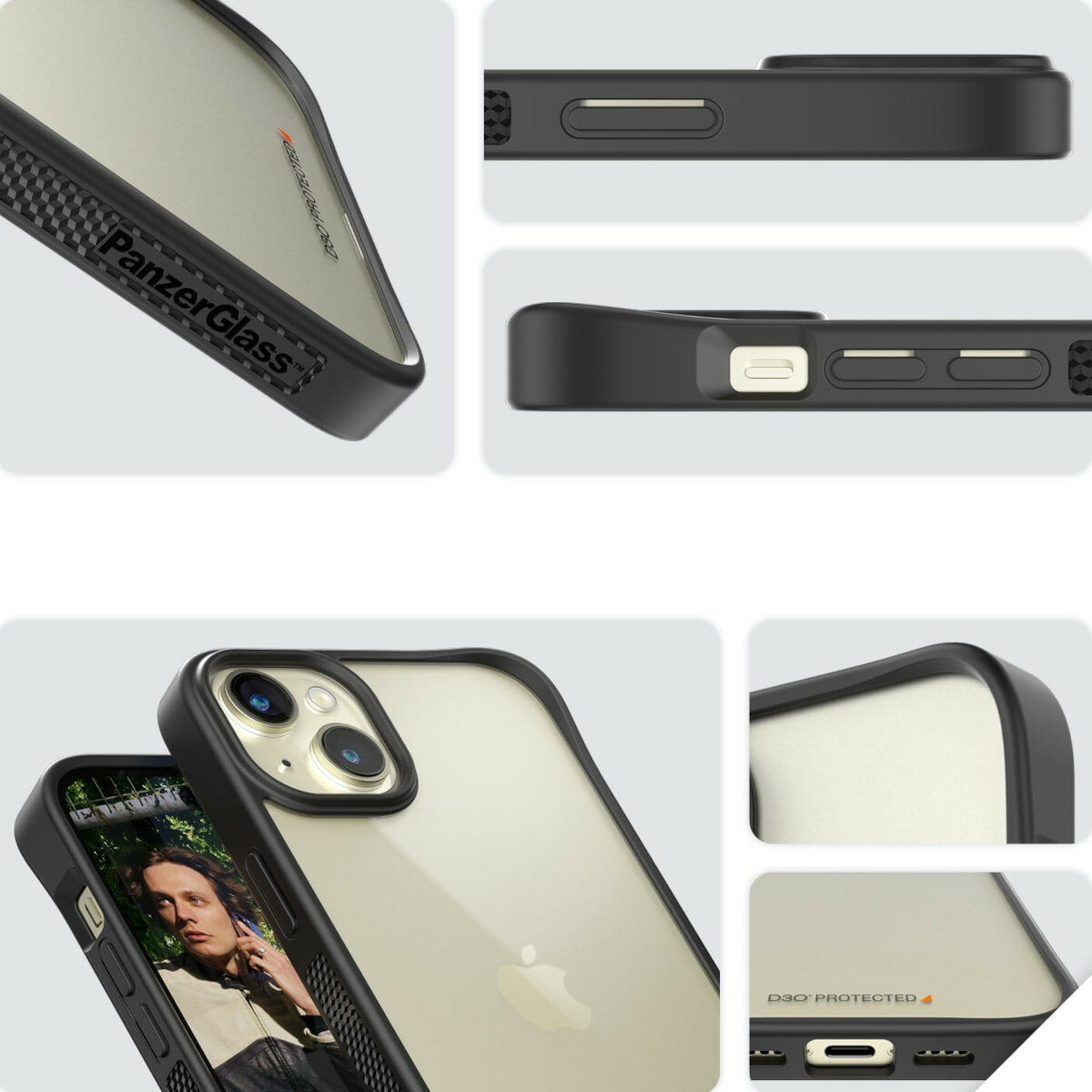 Etui PanzerGlass ClearCase iPhone 15 Plus antybakteryjne grafika przedstawiająca różne detale etui