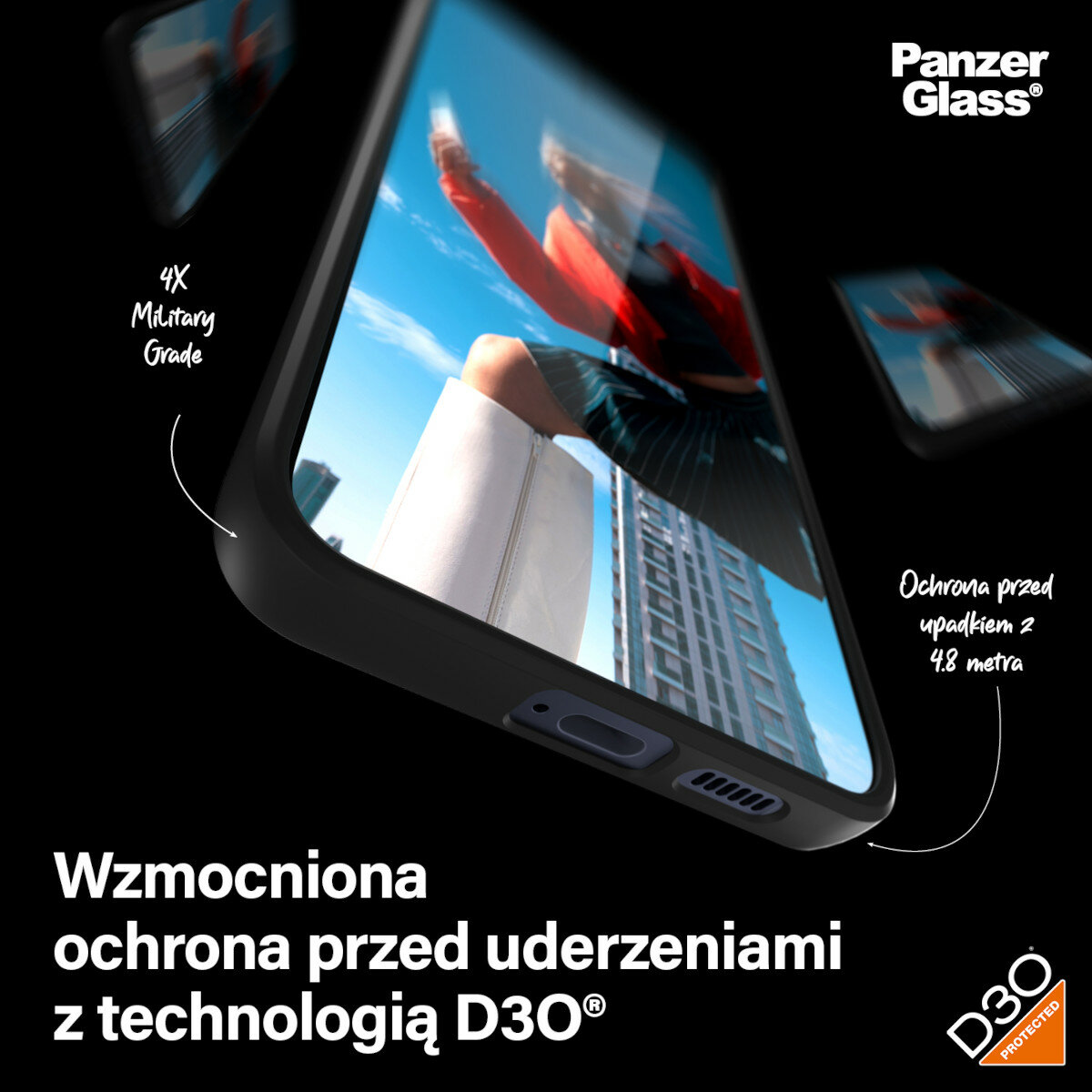 Etui PanzerGlass HardCase D3O Samsung Galaxy S24 czarne widok na kobietę trzymającą telefon z założonym etui na tle wieżowców 