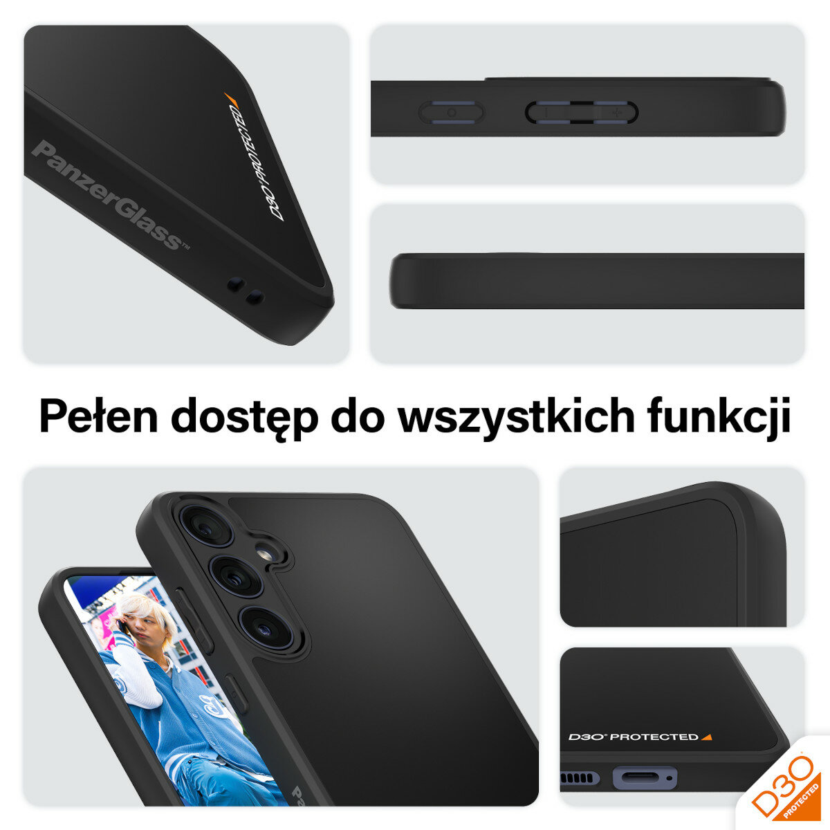 Etui PanzerGlass HardCase D3O Samsung Galaxy S24 czarne widok na boki telefonu z różnych perspektyw