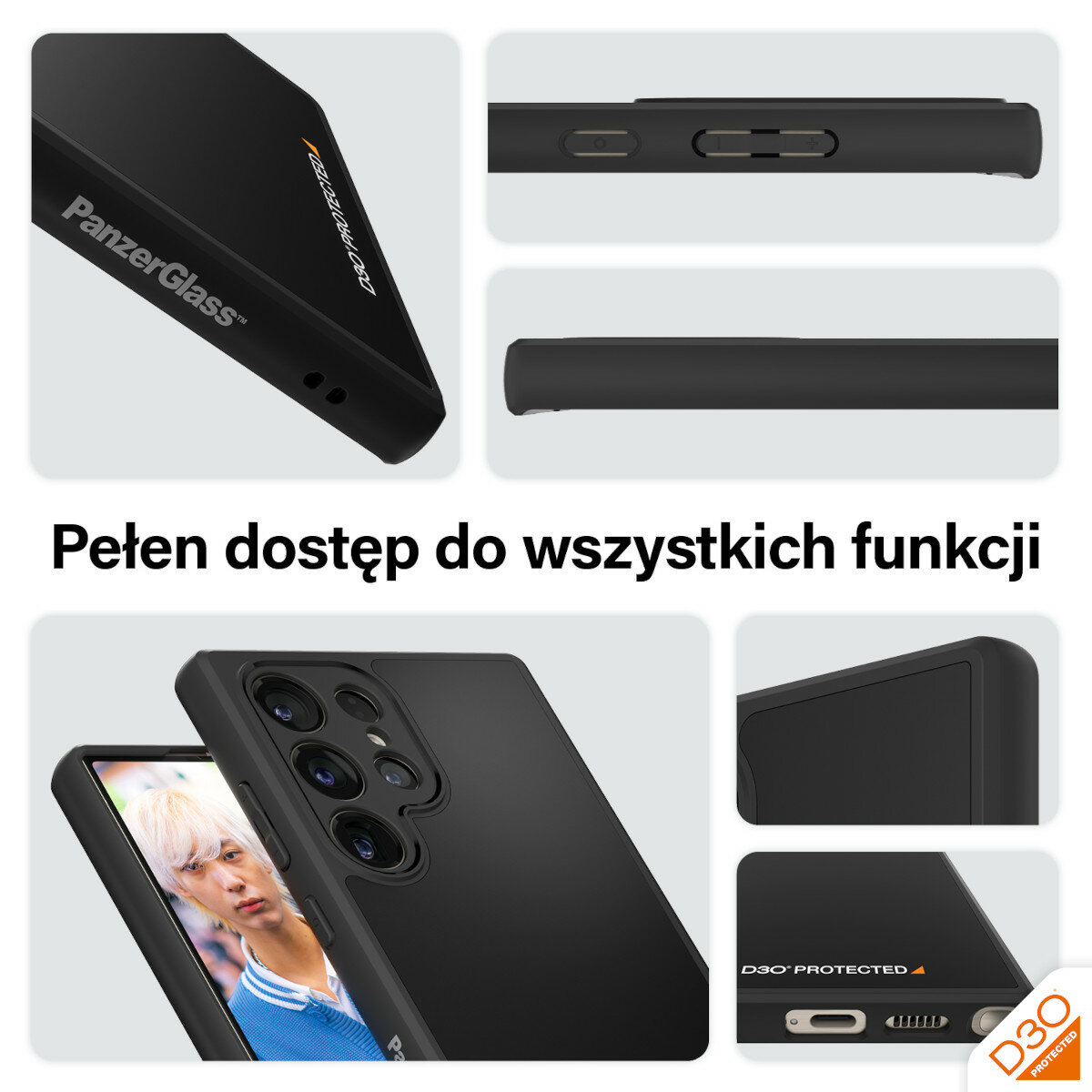 Etui PanzerGlass HardCase D3O Samsung Galaxy S24 Ultra czarne widok na boki telefonu z różnych perspektyw