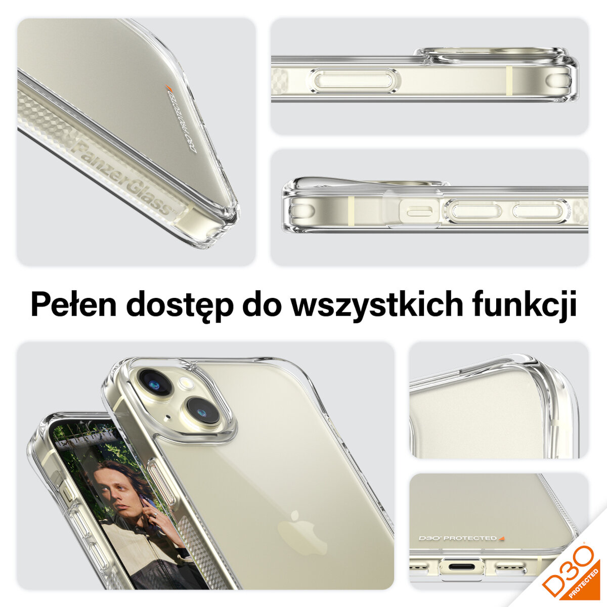 Etui PanzerGlass HardCase iPhone15 Plus przezroczyste widoczne etui na telefonie z różnych perspektyw