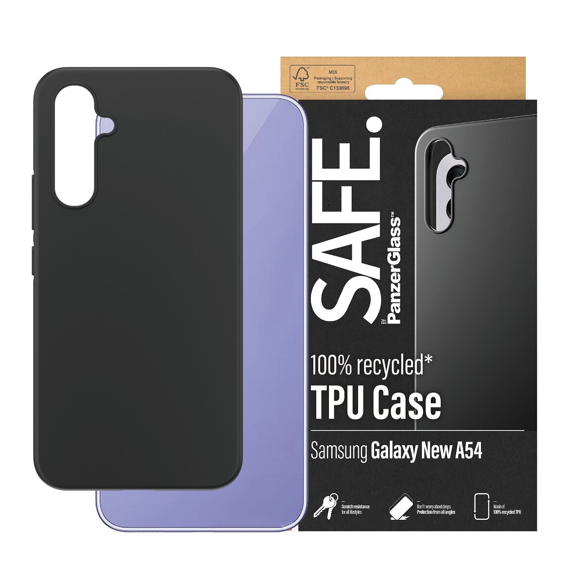 Etui PanzerGlass Safe Galaxy A55 5G czarne wraz z telefonem oraz opakowanie od frontu