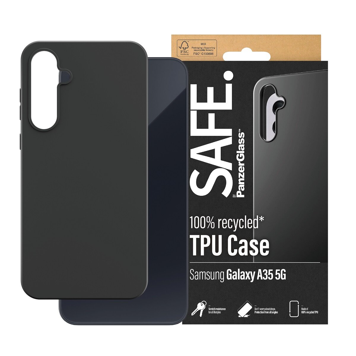 Etui PanzerGlass Safe Galaxy A35 5G wraz z telefonem oraz opakowanie od frontu