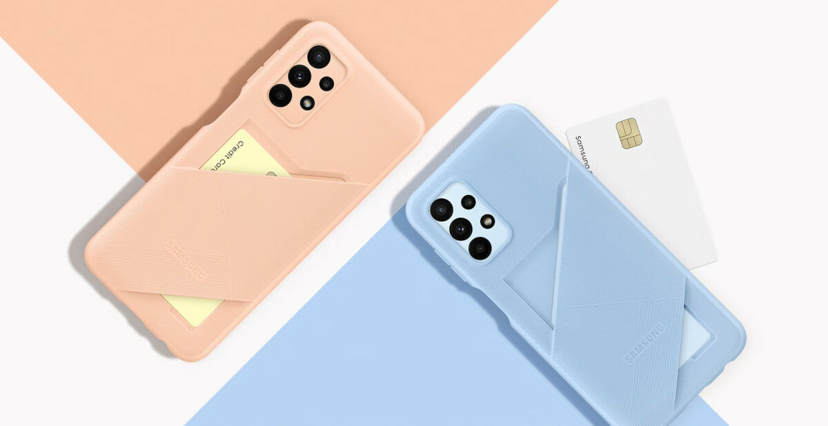 Etui Samsung Card Slot Cover do Galaxy A23 5G widok na brzoskwiniowe i niebieskie etui pod skosem