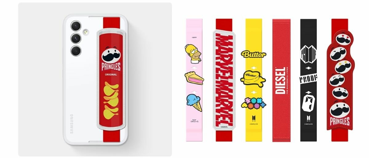 Etui Samsung Galaxy Slim Strap Cover EF-XA546CW z paskiem współpracującym z Pringles, obok inne paski we współpracy z The Simpsons, Marvel Comics, Diesel i inne