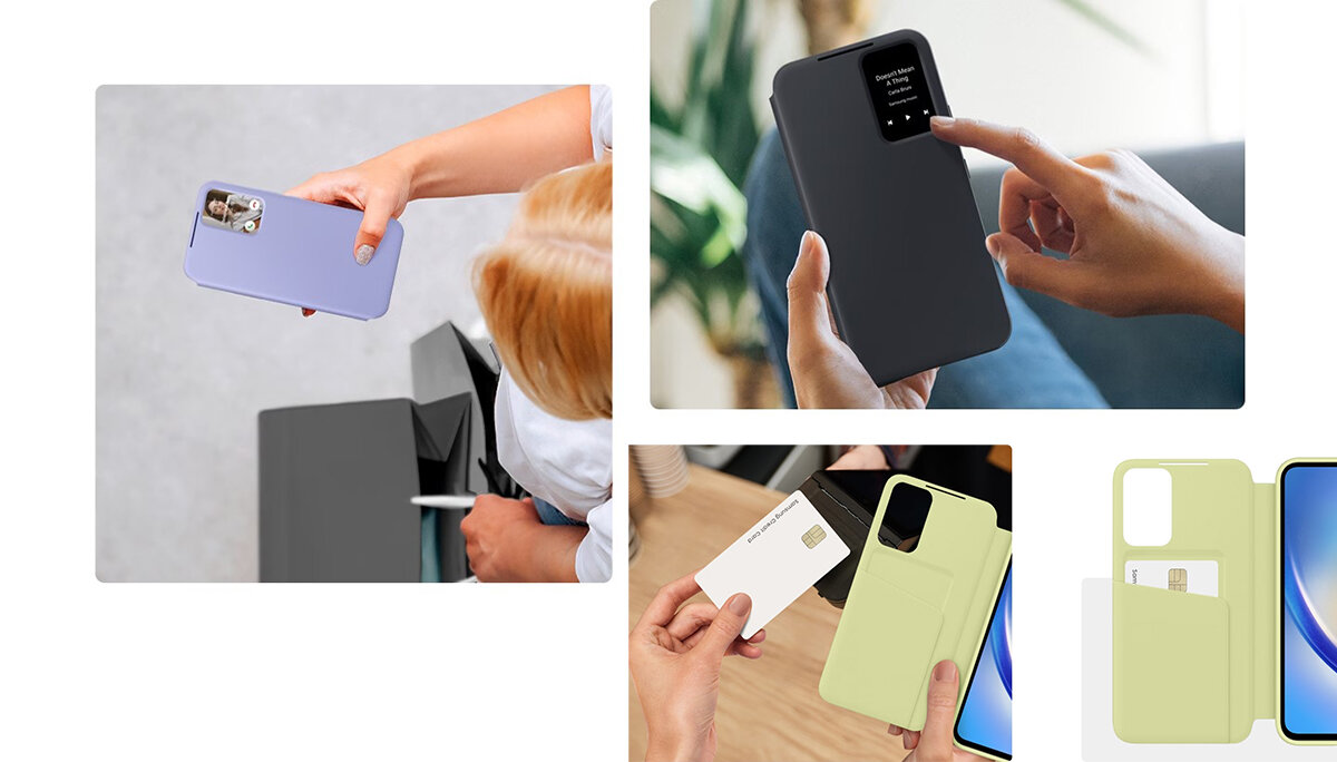 Etui Samsung Smart View Wallet Cover EF-ZA346CVEGWW do Galaxy A34 5G jagodowe widok z róznych perspektyw na możliwości użytkowe