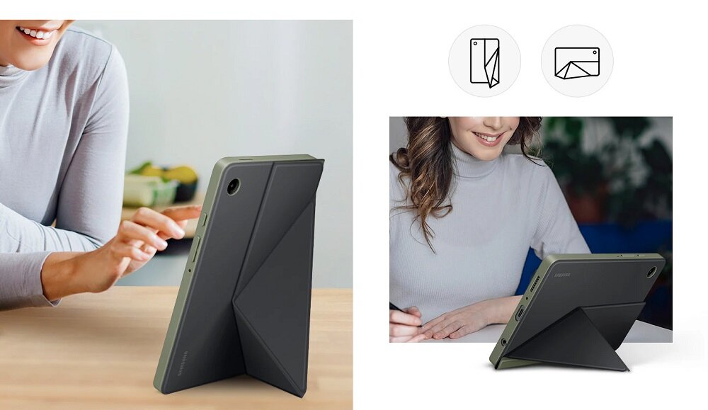 Etui Samsung Book Cover Galaxy Tab A9 niebieskie widok na tablet w etui ustawionym w pozycji pionowej oraz poziomej