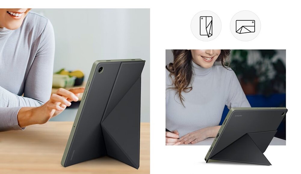 Etui Samsung Book Cover Galaxy Tab A9+ niebieskie widok na tablet w etui ustawionym w pozycji pionowej oraz poziomej