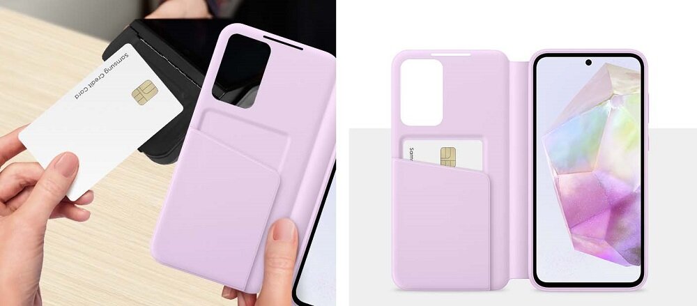 Etui Samsung Smart View Wallet Case Galaxy A35 czarne widok na kartę i etui trzymane w dłoniach oraz widok na otwarte etui z włożonym telefonem i kartą