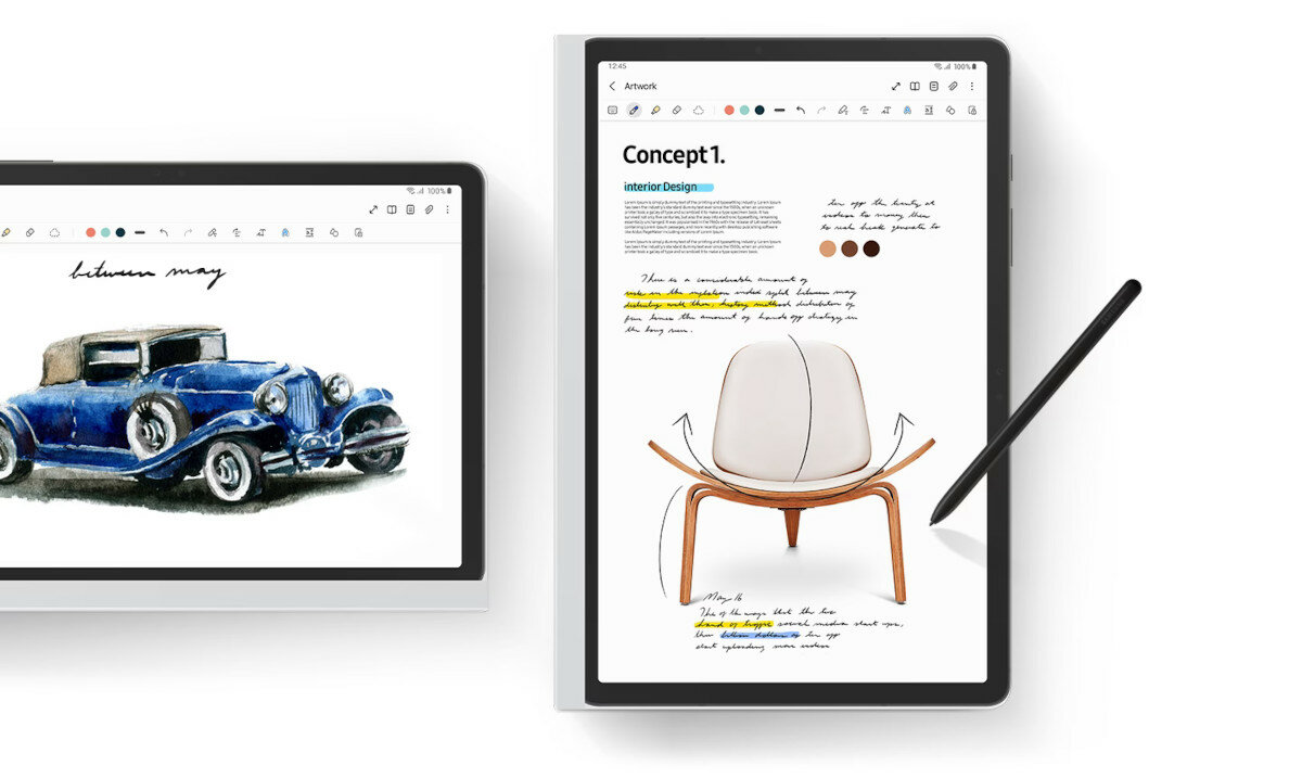 Etui Samsung NotePaper Screen białe do Tab S9 pokazane dwa tablety pionowo i poziomo oraz rysik