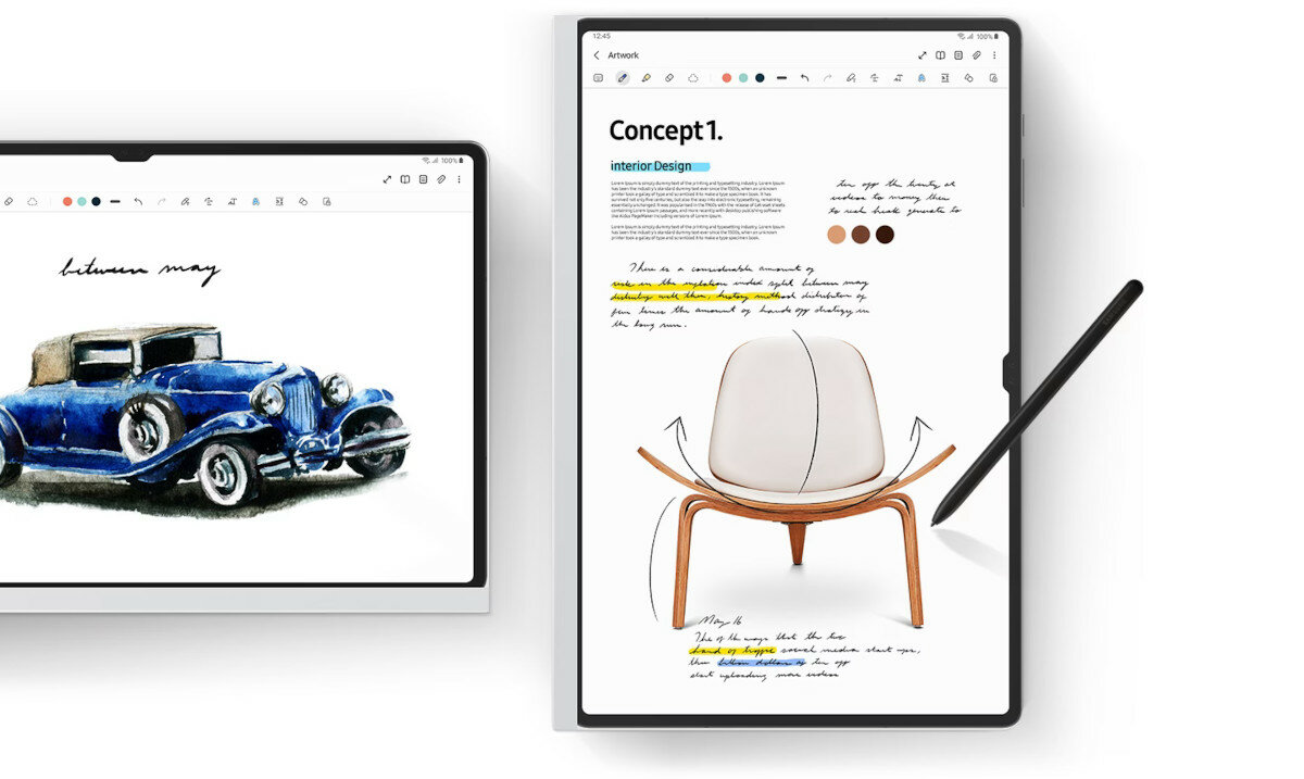 Etui Samsung NotePaper Screen Tab S9 Ultra białe pokazany tablet poziomo i pionowo a na nich zapiski