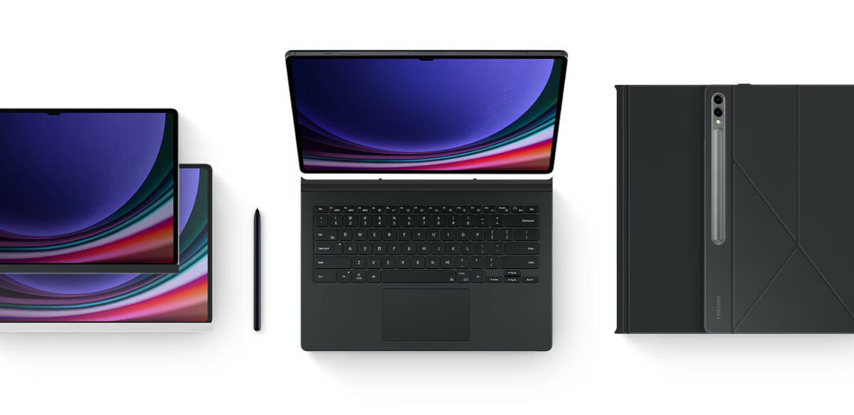 Etui Samsung Smart Book Cover do Tab S9 Ultra czarne pokazane różne rodzaje etui