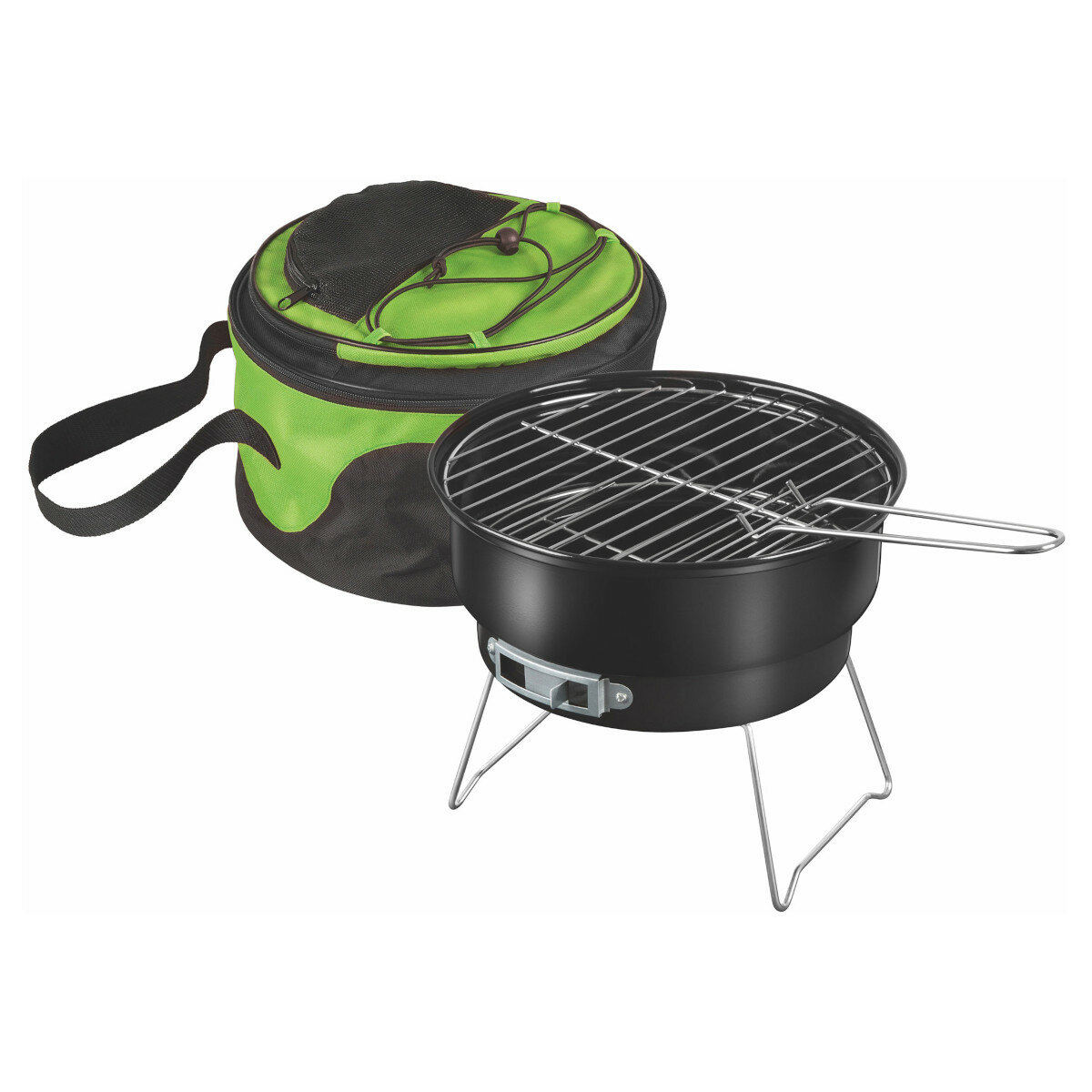 Grill Fieldmann FZG1003 węglowy grill pod skosem i za nim torba termiczna