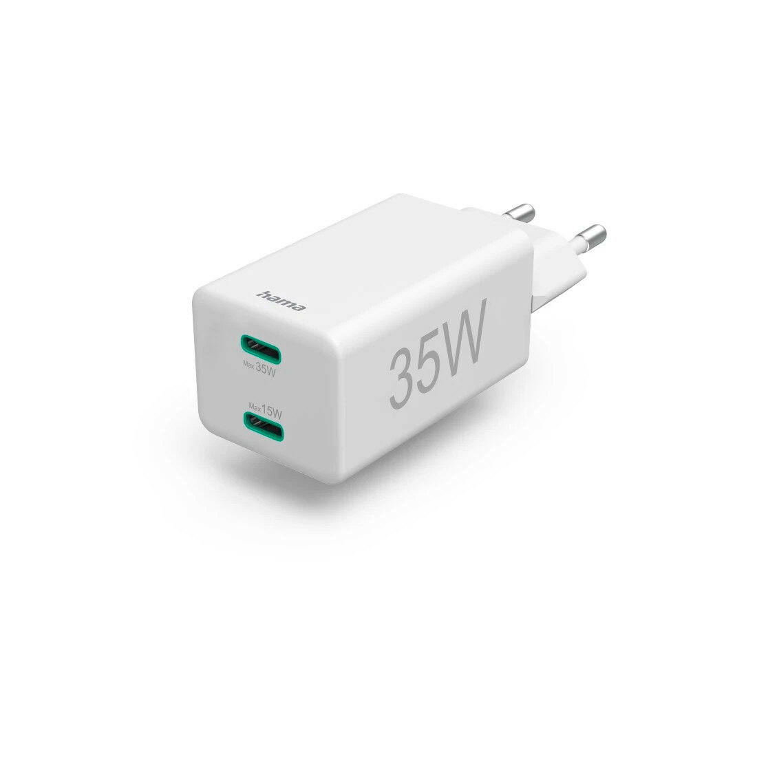 Ładowarka sieciowa Hama Mini 35W 2x USB-C biała pod skosem w prawo