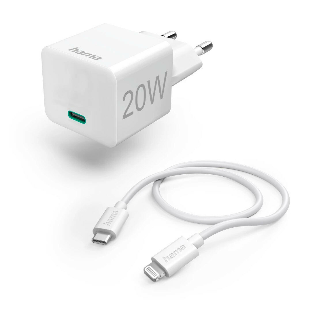 Ładowarka sieciowa Hama Mini Pd/Qualcomm 20W USB-C - Lightning biała ładowarka pod skosem w prawo i kabel