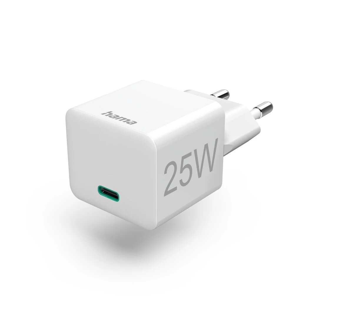 Ładowarka sieciowa Hama Mini Power Delivery (PD)/Qualcomm 25W biała, widoczna pod skosem na białym tle