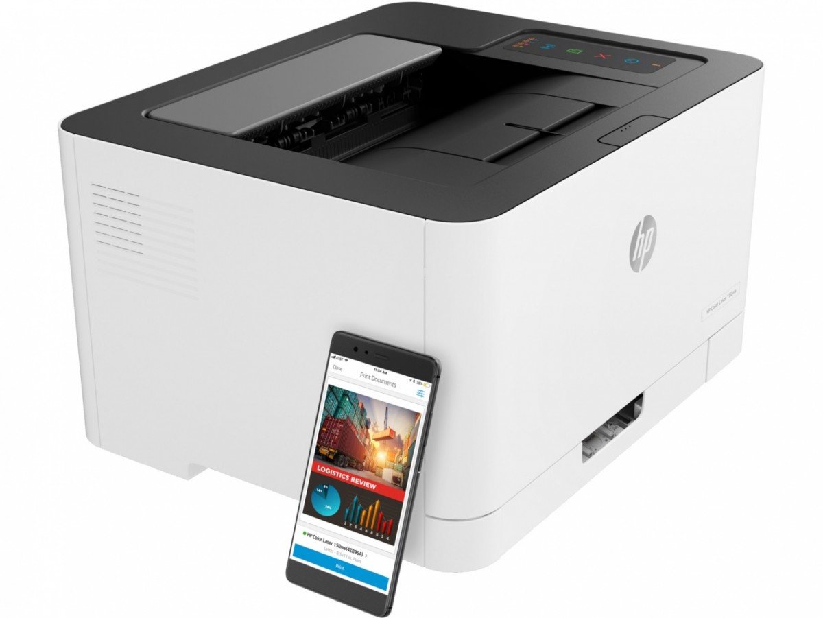 Drukarka HP Color Laser 150nw po skosie obok telefonu