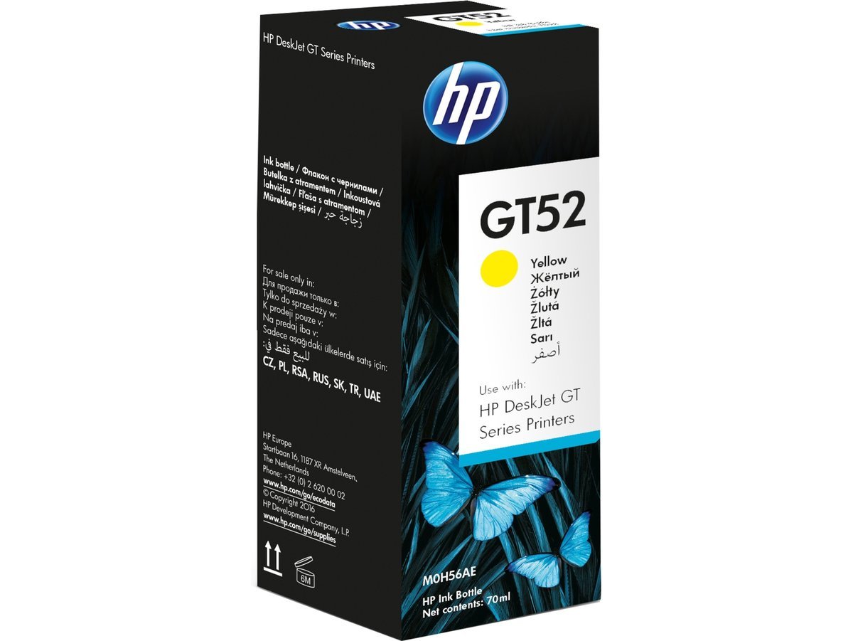 Tusz HP GT52 Żółty (M0H56AE) opakowanie frontem i bokiem