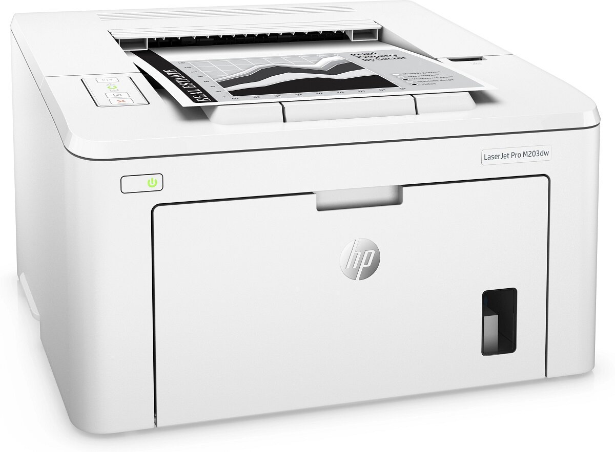 Drukarka HP LaserJet Pro M203dw laserowa od prawego boku