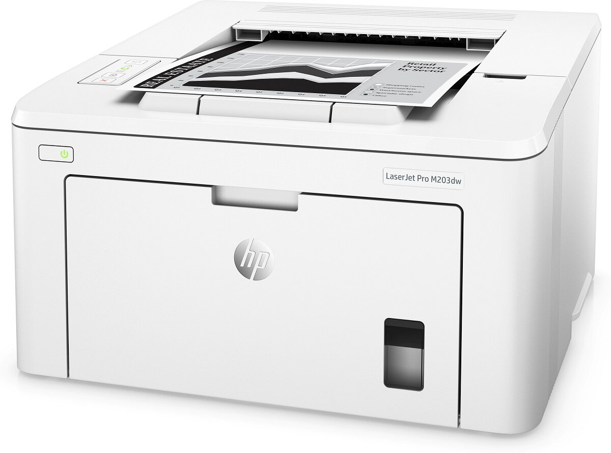 Drukarka HP LaserJet Pro M203dw laserowa od lewego boku