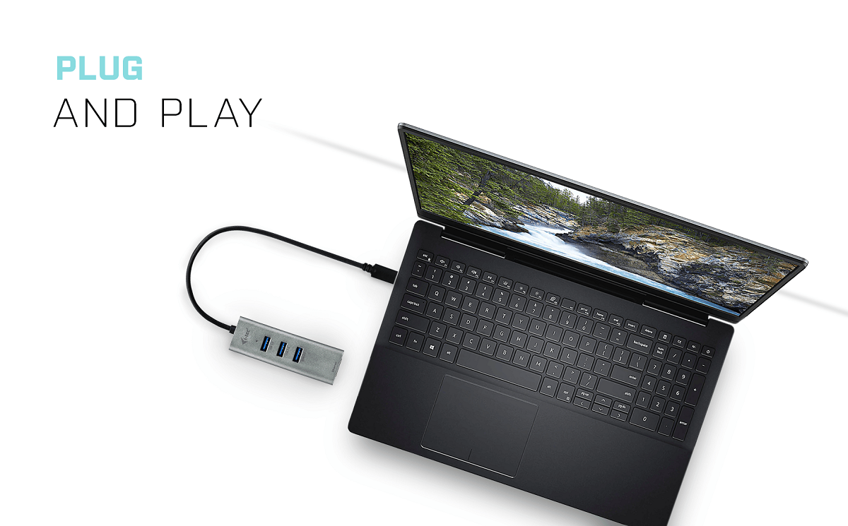 HUB i-tec USB-C 1x RJ-45 i 3x USB-A 3.0 hub podłączony do laptopa