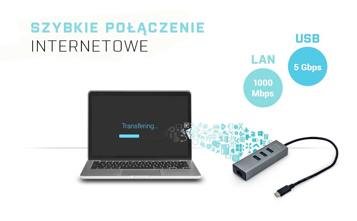 HUB i-tec USB-C 1x RJ-45 i 3x USB-A 3.0 transfer danych pomiędzy hubem i laptopem