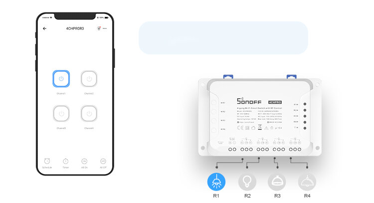 Inteligentny przełącznik SONOFF 4CHR3 obok smartfona