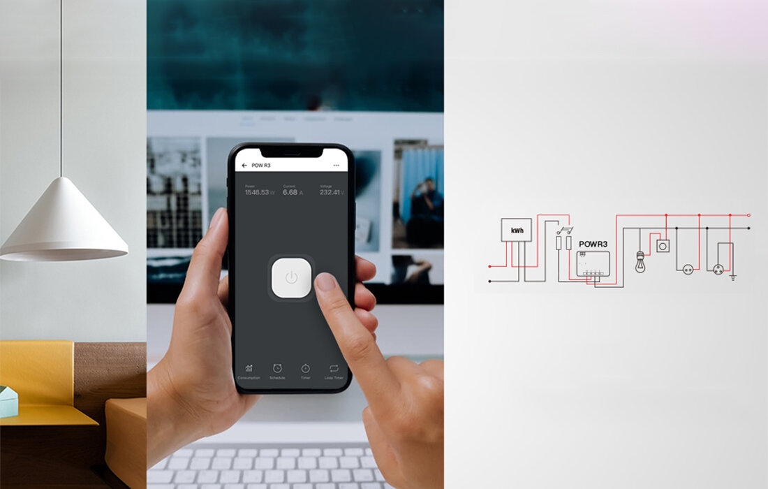 Inteligentny przełącznik WiFi Sonoff POWR3 widok na smartfona od frontu z włączoną na ekranie aplikacją