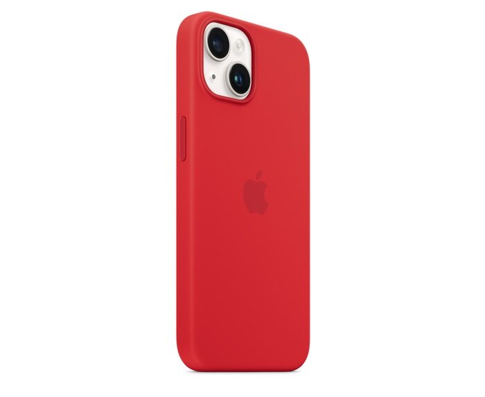 Etui Apple Silicone Case MPRW3ZM/A widok na etui na pleckach telefonu pod skosem w prawo