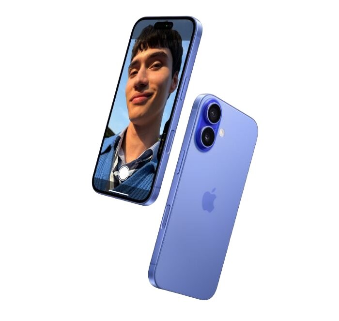 Smartfon Apple iPhone 16 Plus grafika przedstawia smartfon od przodu i tyłu pod skosem