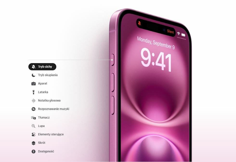 Smartfon Apple iPhone 16 Plus grafika przedstawia funkcję przycisku czynności