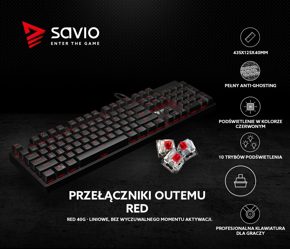 Klawiatura mechaniczna Savio TEMPEST RX FULL RED widok na klawiaturę, przełączniki outemu RED oraz cechy produktu zawarte na grafice