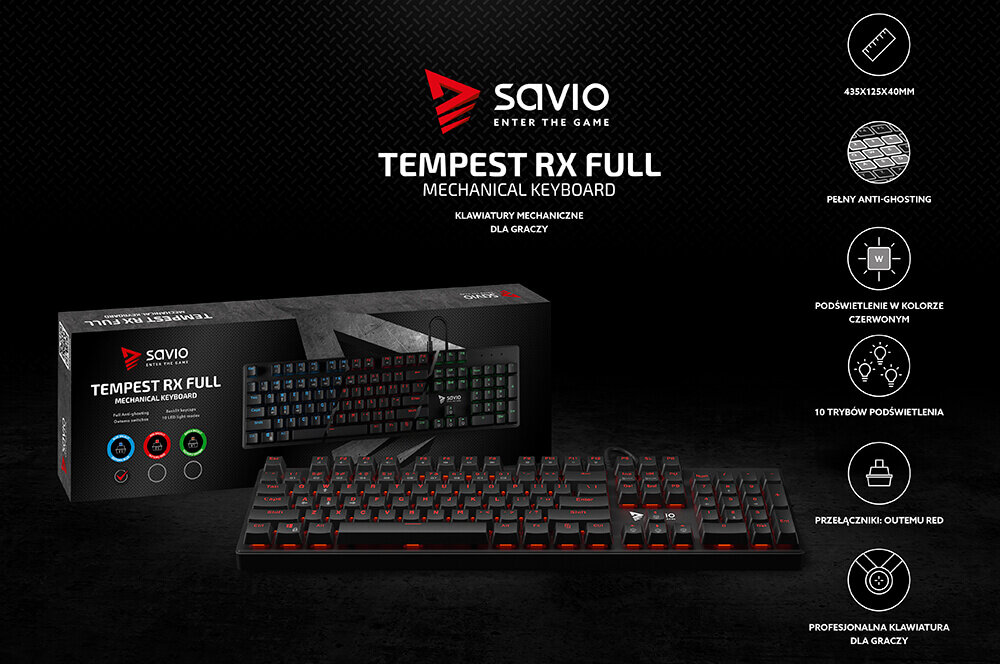 Klawiatura mechaniczna Savio TEMPEST RX FULL RED widok na klawiaturę z pudełkiem oraz cechy produktu na grafice