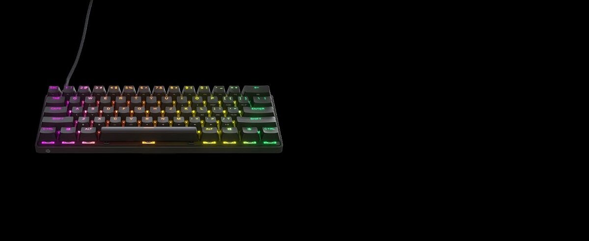 Klawiatura SteelSeries Apex Pro Mini US czarna na czarnym tle z włączonym RGB