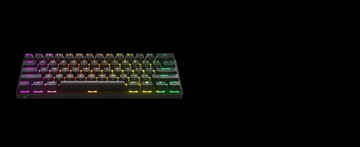 Klawiatura SteelSeries Apex Pro Mini Wireless US na na czarnym tle z włączonym RGB