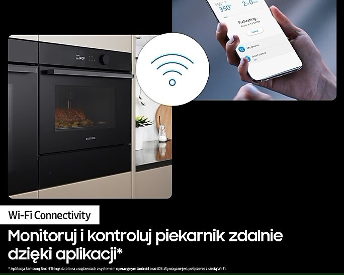 Kuchenka mikrofalowa do zabudowy Samsung NQ5B5713GBK pod skosem oraz widok na ikonę WiFi i aplikację na telefonie