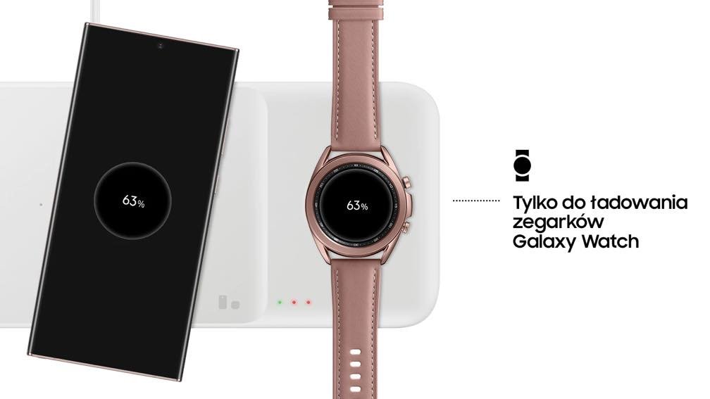 Ładowarka indukcyjna Samsung Wireless Charger Trio EP-P6300TBEGEU Czarna widok od góry na ładujący się telefon i galaxy watch